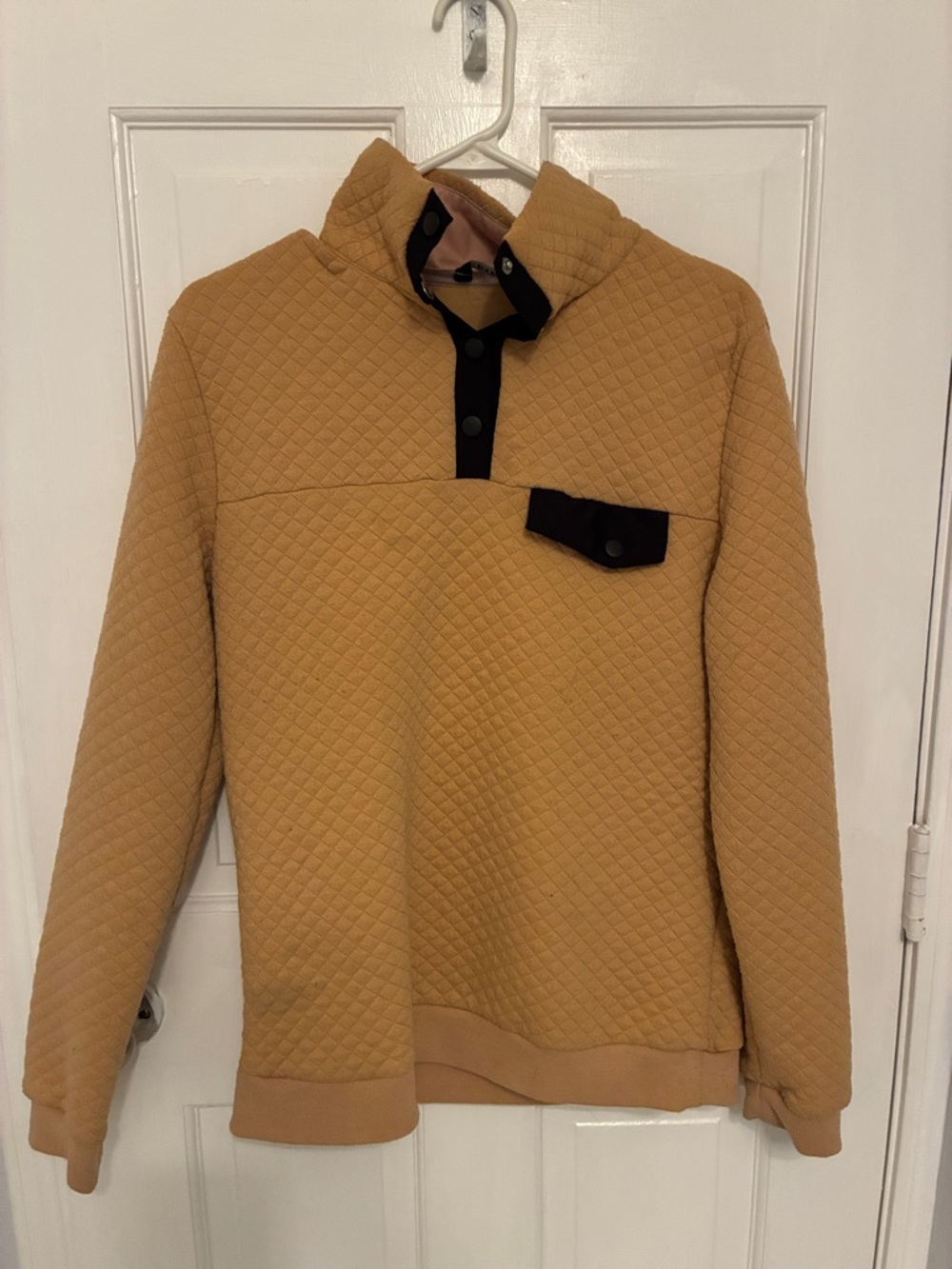 Quilted Pullover Sweatshirt in Camel with Black Trim